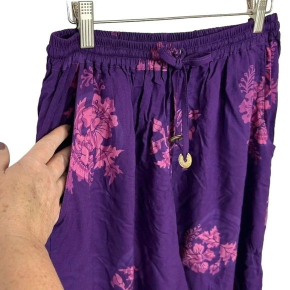 Ok Mike OS purple‎ & pink floral bohemian pull on pants with pockets - Picture 3 of 6